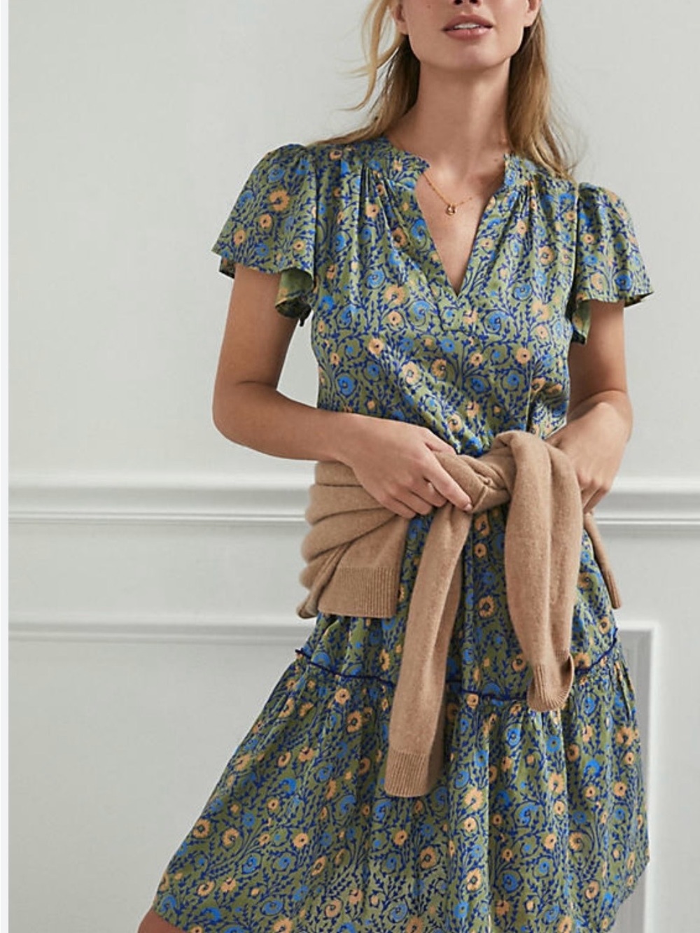 Anthropologie Blue and Yellow Floral V-Neck Mini Dress